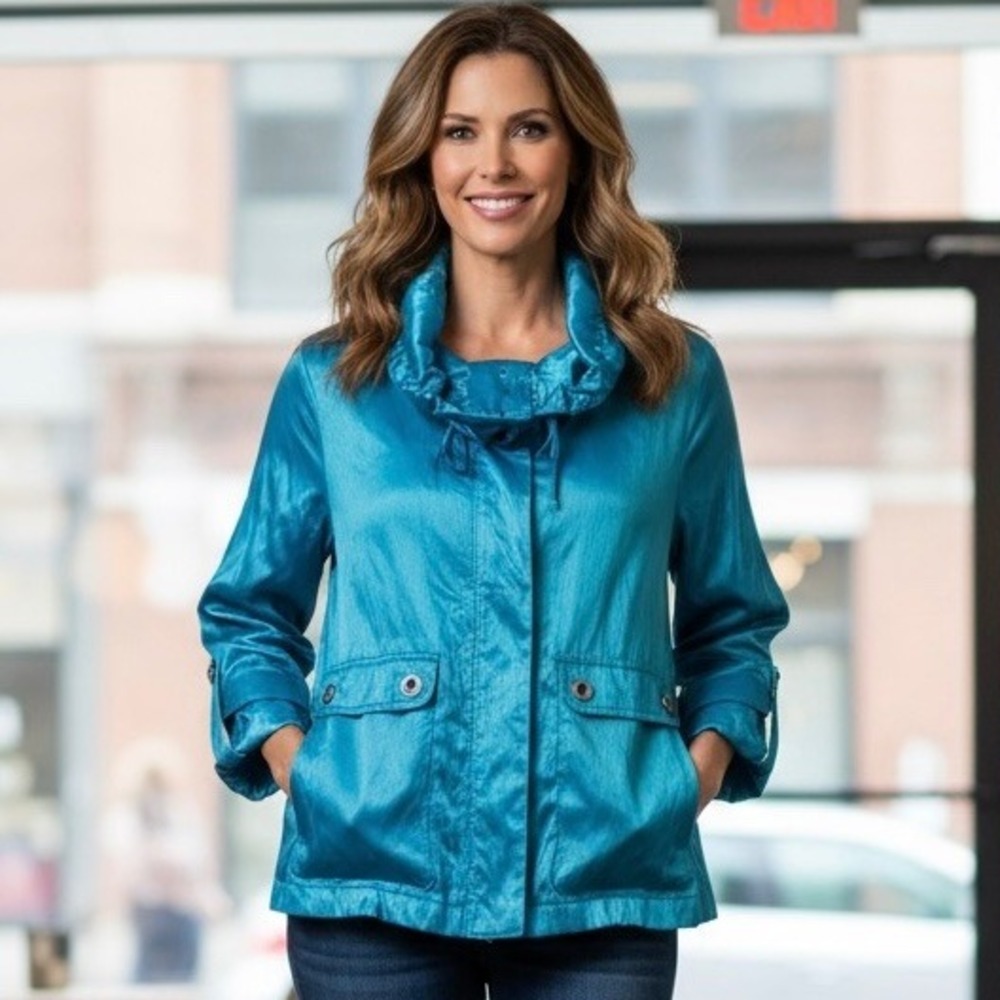 Ruby Rd Cowl Neck Jacket Women 10 Petite Blue‎ Turquoise Lightweight Metallic